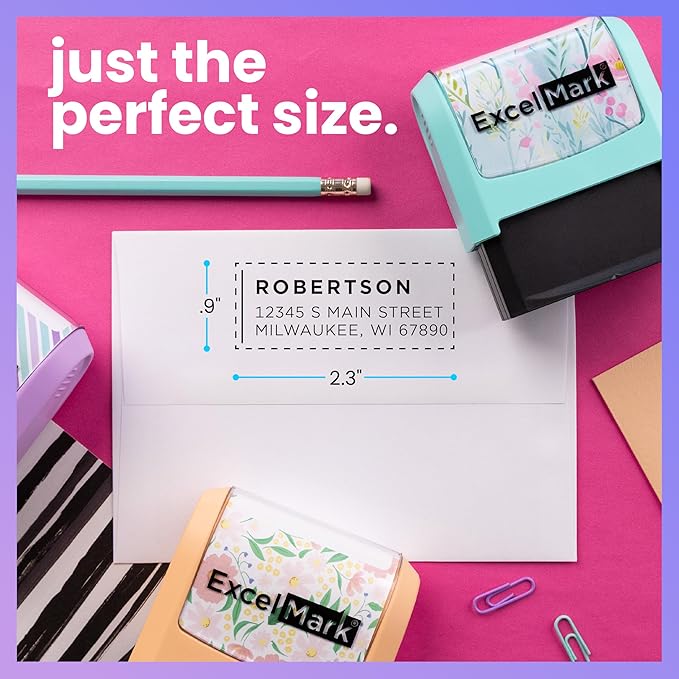 ExcelMark Address Stamp - Custom Return Address Stamp with Elegant Designs, Vibrant Colors & Patterns – Perfect for Mail, Invitations & Gifts (Pink Mount, Modern Line)