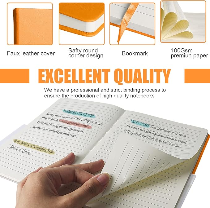EMOMAS Lined Journal Notebook, 6Pack Hardcover Notebook for Men & Women – Journals for Writing, Work, School, Home & Daily Notes, 160 Pages – Medium A5, 5.7"x8", 100 gsm Thick Paper (Orange)