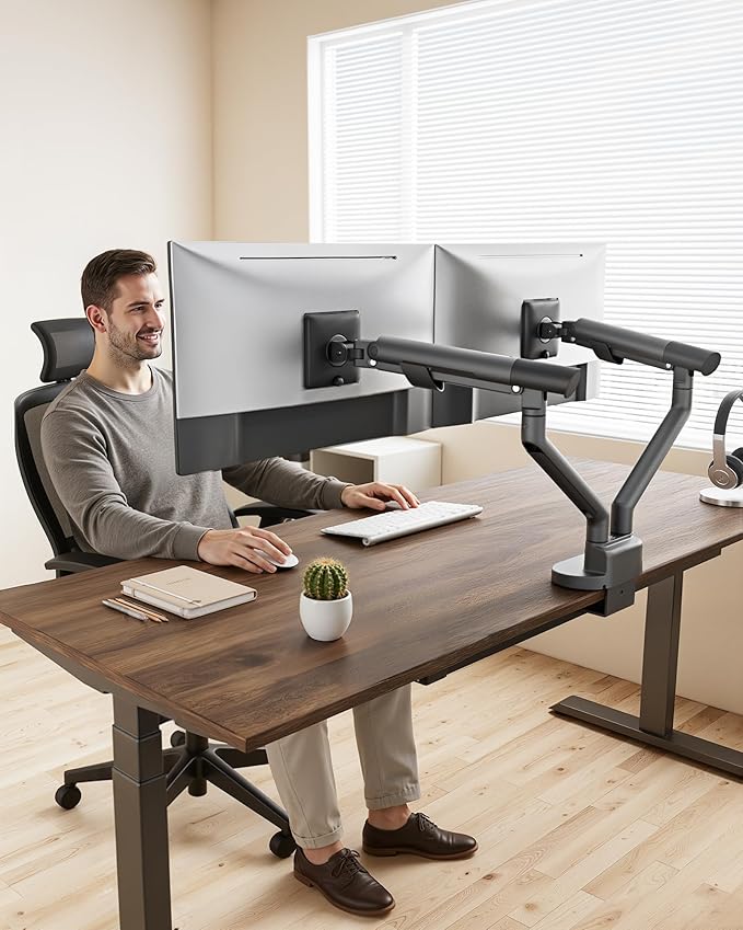 monTEK Dual Monitor Stand up to 35 inches Screen, Monitor Mount for 2 Monitors, Full Motion Adjustable Monitor Arm, VESA Mount with C-Clamp/Grommet Base, Holds 24.25lbs per Arm, Gray MA1010DG-D