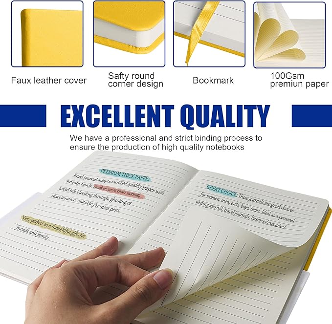 EMOMAS Lined Journal Notebook, 6Pack Hardcover Notebook for Men & Women – Journals for Writing, Work, School, Home & Daily Notes, 160 Pages – Medium A5, 5.7"x8", 100 gsm Thick Paper (Bright Yellow)