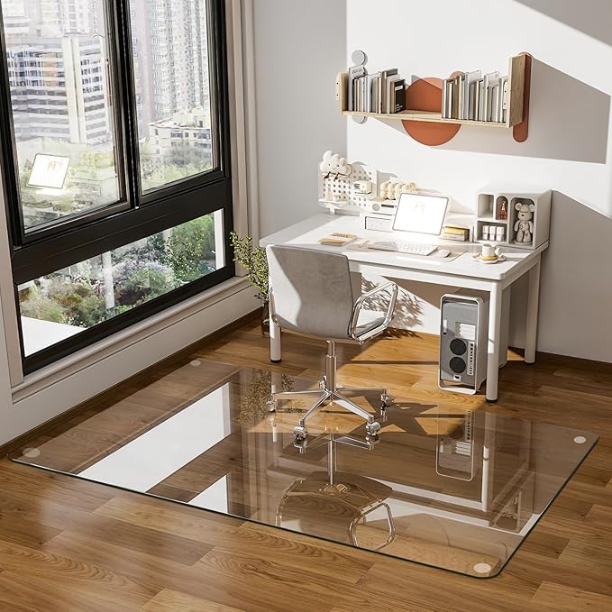 GLSLAND 48" x 60" Tempered Glass Chair Mat Rectangle Heavy-Duty Floor Protector for Carpet Hard Floors Scratch-Resistant Office Computer Desk Mat 1/5" Clear