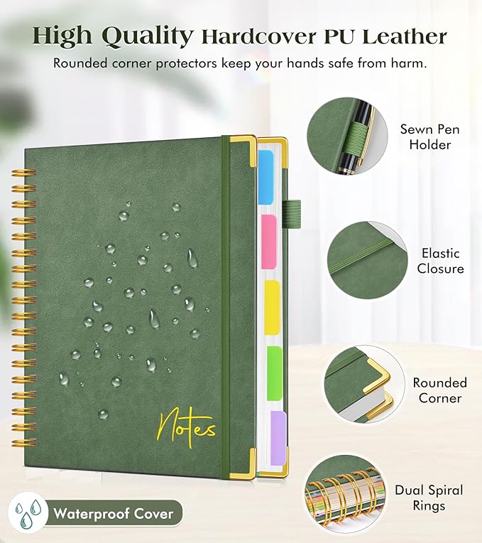Spiral Notebook Journal with Removable Dividers Tabs, 300 Pages Hardcover Leather 5 Subject College Ruled Notebook, 8"x10" Large B5 Lined Journal for Women Men, Spiral Notebooks for Work School, Green