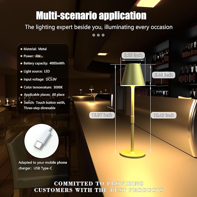 Timjorman 1-Pack Cordless Table Lamps - 4000mAh Rechargeable Battery Operated Desk Lamp, 3-Level Dimmable LED Night Light for Bedroom, Dining, Restaurant - Metal Design (Champagne Gold-1Pack)