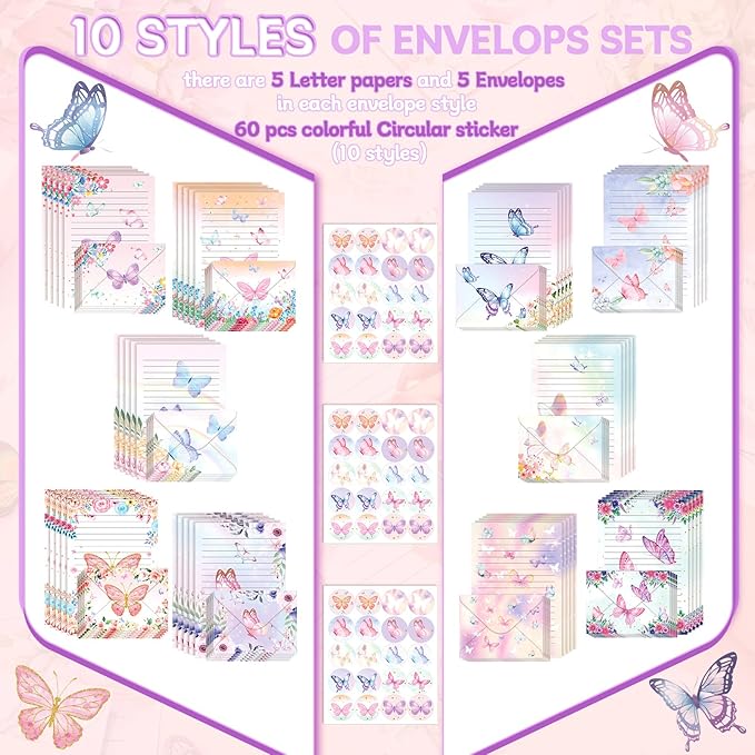 TaoBary 160 Pcs Stationery Paper Set 50 Double Sided Stationery Papers with 50 Matching Envelopes and 60 Round Dot Sticker, 10 Design(Watercolor Butterfly,5.5 x 8.25 Inch)
