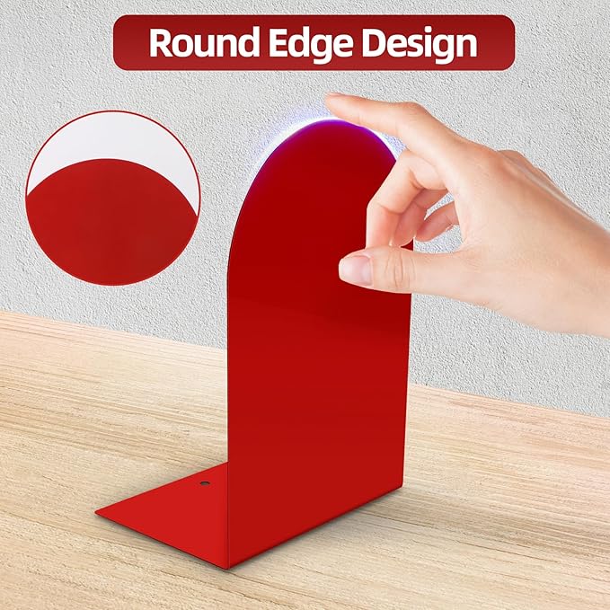 Lulonpon 2 Pieces Book Ends, Bookends, Books Stand, Metal Bookend for Shelves, Red Book Ends for School, Library, Desktop Organizer