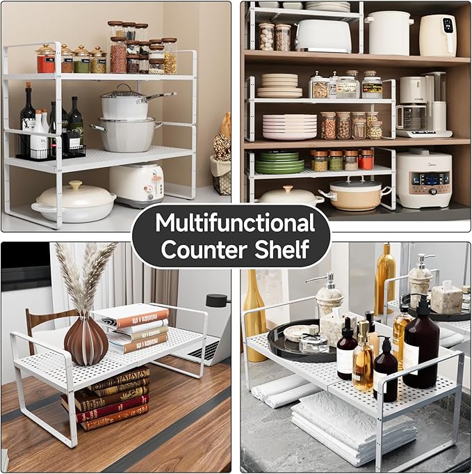 jkxoo 2Pack Expandable Cabinet Countertop Shelves 16.5-27’’L, Adjustable Metal Spice Rack Organizer, Stackable Kitchen Counter Storage Shelves Organizers for Cabinet Organization, White