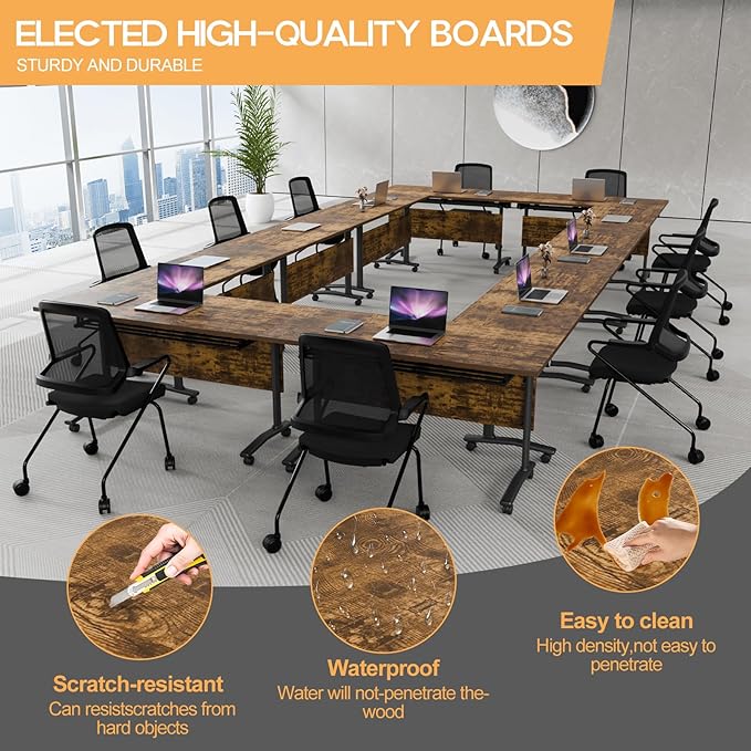 Folding Conference Table 4ft 5ft, Foldable Office Meeting Desk for 6 People, Multiple Sizes Colors Mobile Conference Room Table for Training Room School Business Furniture (2, Brown, 71in)