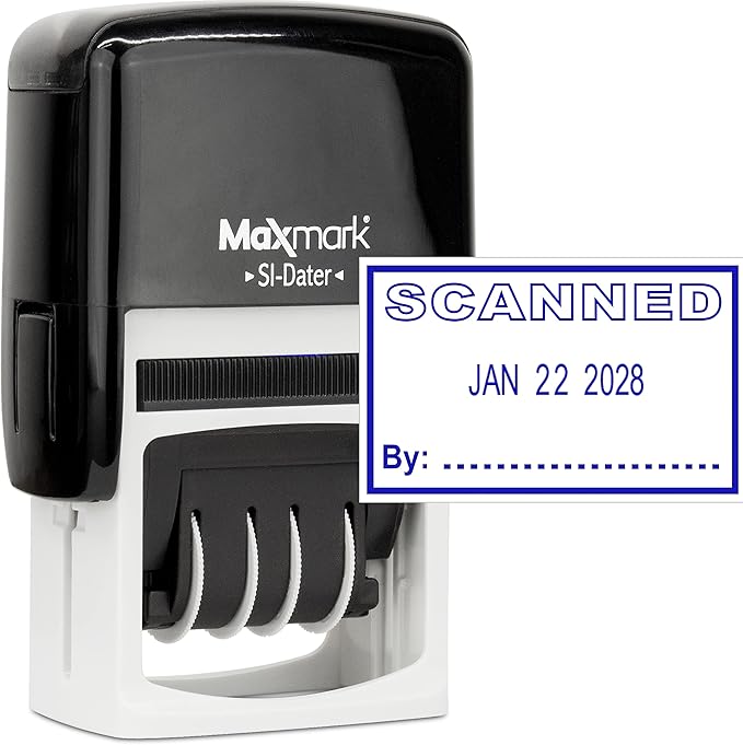 MaxMark Office Self Inking Date Stamp with Phrase Scanned - Blue Ink