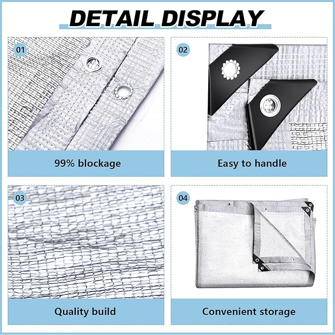 99% Aluminet Shade Cloth Reflective Tarp 10 x 14 ft Aluminium Cloth Porch Privacy Screen with Grommets for Car Garden Pergola Patio Sun Shade Kennel Cover Durable Mesh Canopy Cover Easy Setup