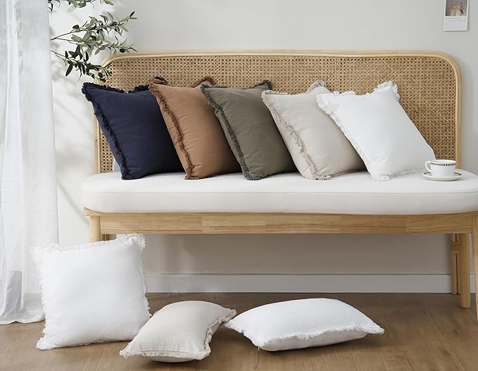 Foindtower Set of 2 Decorative Linen Fringe Throw Pillow Covers Cozy Boho Farmhouse Cushion Cover with Tassels Soft Accent Pillowcase for Couch Chair Sofa Bed Living Room Home Decor,18×18 Inch,Beige
