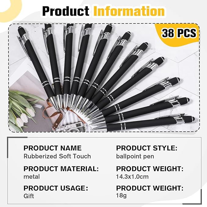 Zonon 38 Pieces Rubberized Ballpoint Pen with Stylus Tip Stylish Metal Pen Capacitive Styli with Soft Rubberized Grip, Black Ink for Most Devices(Black)