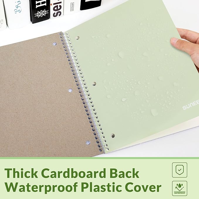 SUNEE Spiral Notebook, 1-Subject, Wide Ruled Paper, 8" x 10-1/2", 100 Sheets per Notebook, 3-Hole Punched Paper, Water Resistant Cover, Double-sided Pockets, Spiral Lined Notebooks for School, Green