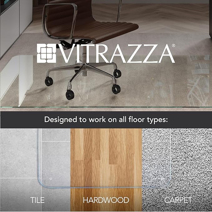 Vitrazza Glass Chair Mat 45” x 53” Superior ¼ Thick, Chiaro Standard Clear, Certified Tempered Safety Glass, Delivers a Smooth Glide, Protects Carpet or Wood, Beautiful in Home or Office.