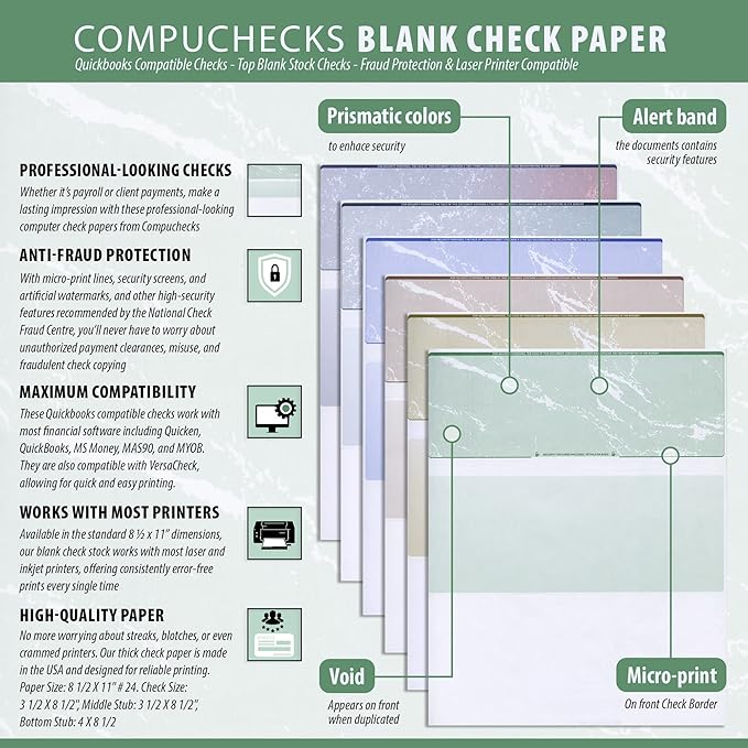 Compuchecks Check on Top Blank Check Paper - 2500 Pack, Quick-Books & Laser Printer Compatible - Security Business Checks with Voucher - 8.5" x 11" Steel Blue Pinstripe
