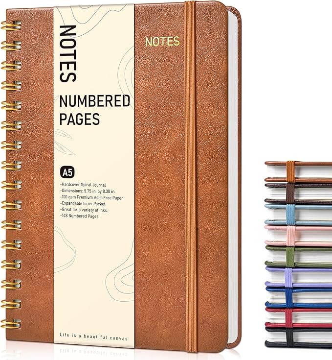 Lined Spiral Journal Notebook, A5 Hardcover Spiral Journals for Women Men, 150 Numbered Pages Spiral Bound Notebook, 100 GSM College Ruled Notebooks for Writing Note Taking 5.75" x 8.38", Brown