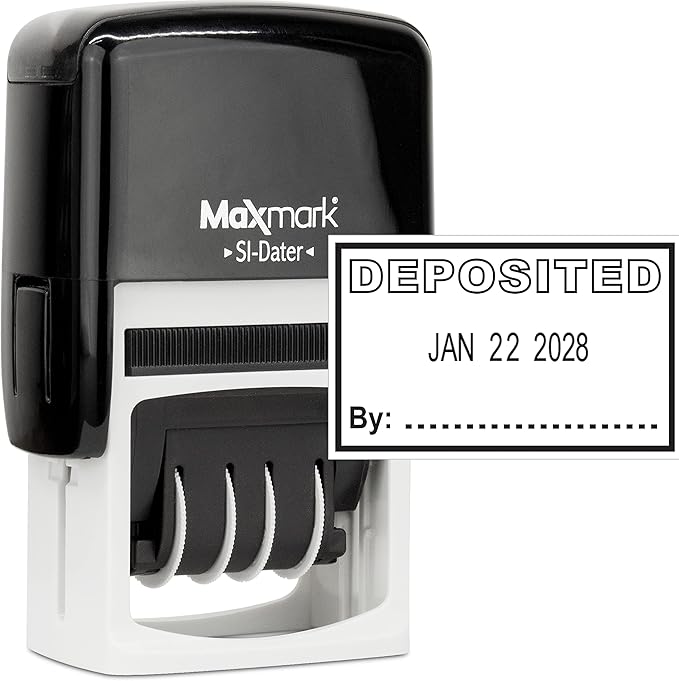 MaxMark Office Self Inking Date Stamp with Phrase Deposited - Black Ink