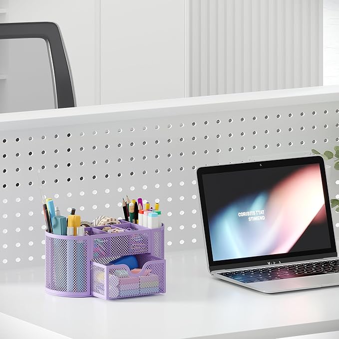 EasyPAG Mesh Pen Holder Desk Organizer with Drawer Stationery Supplies Organizer for Dorm School 9 Compartments Workspace Desk Accessories Organization for Office (Light Purple)
