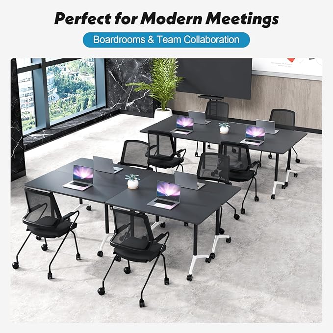 Goakwwuz Conference Room Table, Folding Conference Tables,Thicken Grey Tabletop,Flip Top Wooden Seminar Meeting Room Table for Conference Room Offices (4, Black, 55.1”)