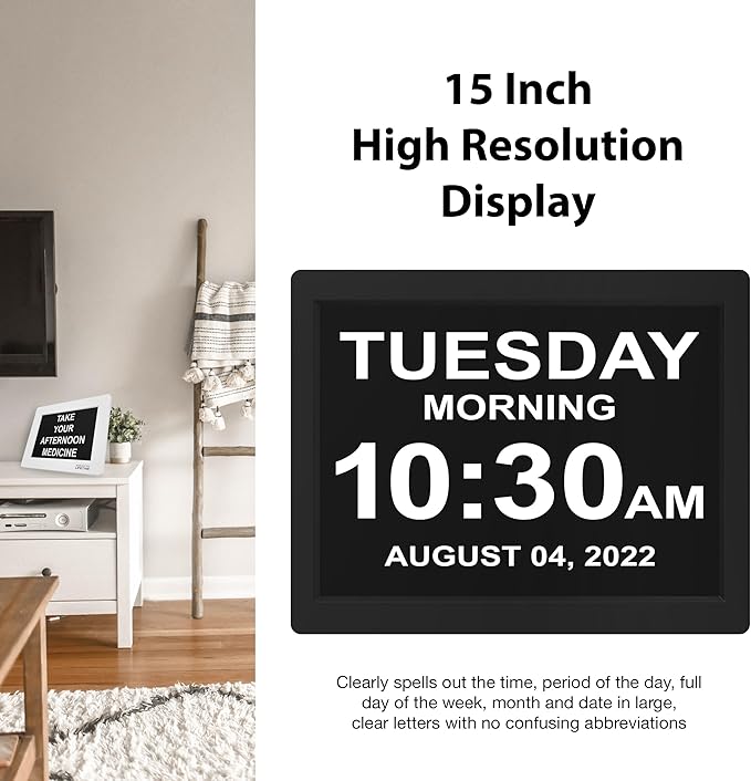 American Lifetime 【New 2024 Dementia Clock Large Digital Clock for Seniors, Digital Clock with Custom Alarms, Clock with Day & Date for Elderly, Large Number Digital Clock Mahogany, 15 Inches