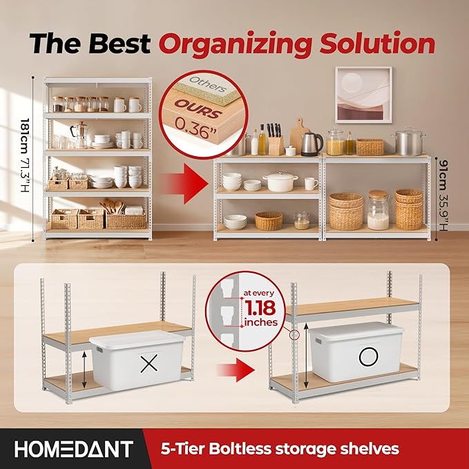 HOMEDANT 47.7" W Deep 5 Tier Heavy Duty Garage Shelving Adjustable Metal Rack Storage Shelves Standing Shelf Unit Organizers Industrial Warehouse Basement White 1Pack
