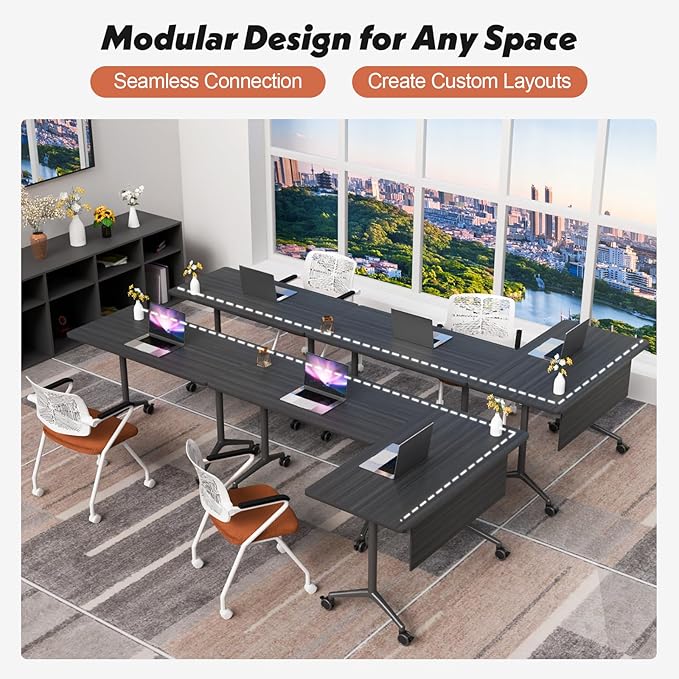 Goakwwuz Conference Room Table, Folding Conference Tables,Thicken Grey Tabletop,Flip Top Wooden Seminar Meeting Room Table for Conference Room Offices (6, BlackWoodGrain, 55.1”)