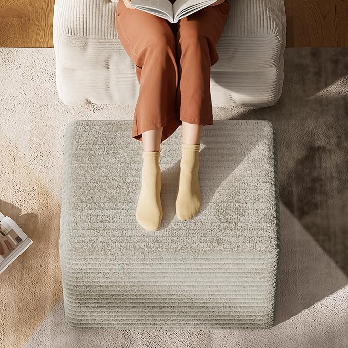 WLIVE Pouf Ottoman Foot Rest, Square Bean Bag Ottoman Coffee Table for Living Room, Beige