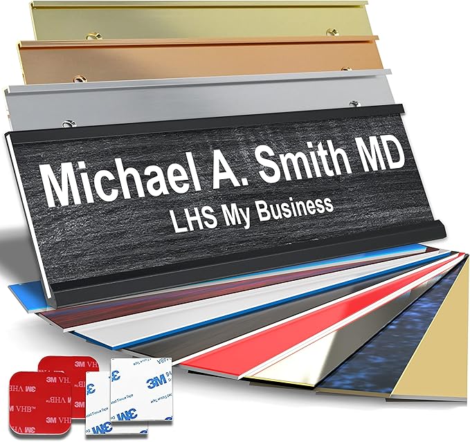 Personalized Name Plate with Choice of Mounting for Walls, Doors, Desk Holders, Cubicles, Hanging and More - Custom Bloss Burlwood Plastic Gold Letters - USA Made 2x8 - N2
