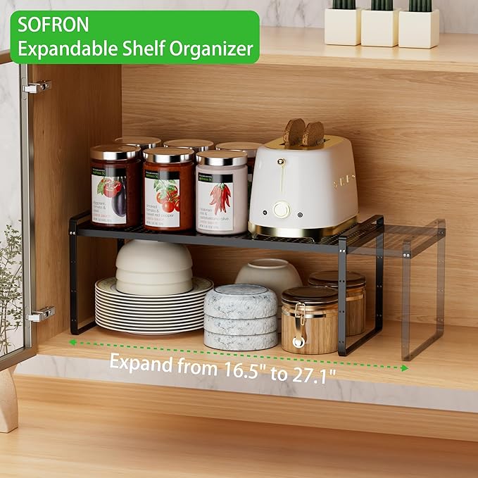 SOFRON Expandable Cabinet Storage Shelf Stackable Organizer Rack for Kitchen Bathroom Pantry Spice Cupboard Coffee Countertop Home Office Desk Heavy Duty Nonslip Black Large 2 Packs