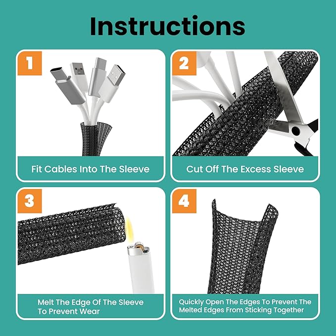 Cable Management Sleeve 10ft (120 inch) - 1/2 inch, PET Expandable Braided Cord Organizer, Split Wire Loom Tubing Reversible Cord Protector for TV USB PC Ethernet Cable Hider Protect Pets Kids