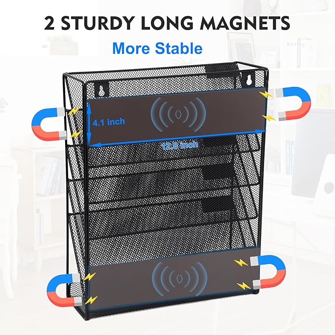EASEPRES Magnetic File Organizer Mesh 6-Tier, Hanging Wall Mount File Organizer Vertical Holder Rack for Office Home, Black