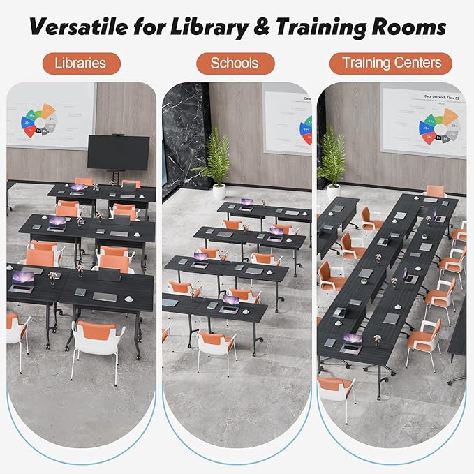 Goakwwuz Conference Room Table, Folding Conference Tables,Thicken Grey Tabletop,Flip Top Wooden Seminar Meeting Room Table for Conference Room Offices (4, BlackWoodGrain, 55.1”)