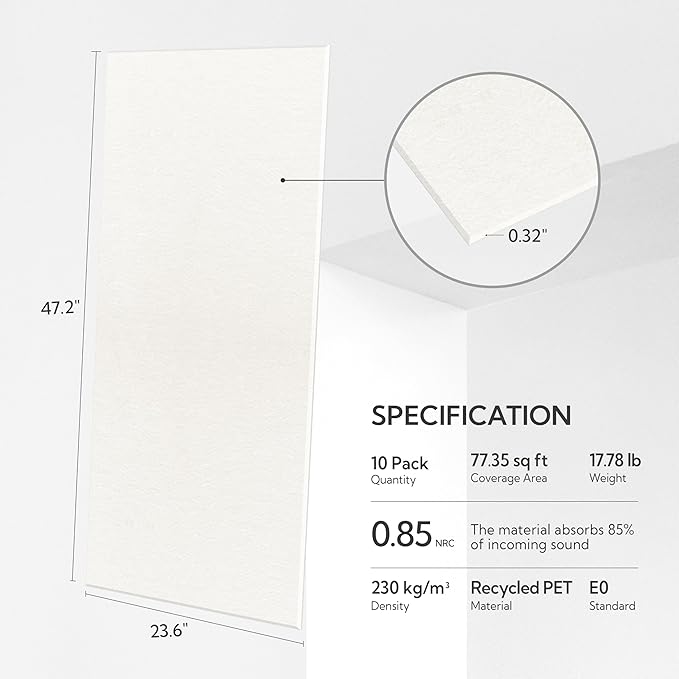 Olanglab Acoustic Wall Panels 10 Pack, 48 x 24 per Acoustic Panels Sound Absorbing, Sound Panels for Home Studio and Office, Plain White