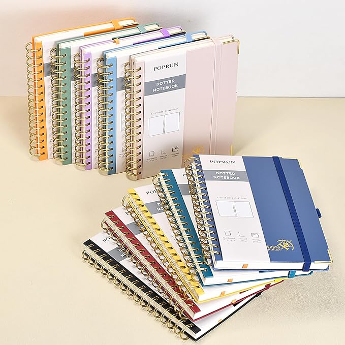 POPRUN Spiral Dotted Journal Notebook, [A5-5.75'' x 8.25''] - 120 GSM Thick Paper, 141 Numbered Pages, Hardcover for Men & Women with Pocket, Index Tabs, 8 Perforated Sheets, Burgundy