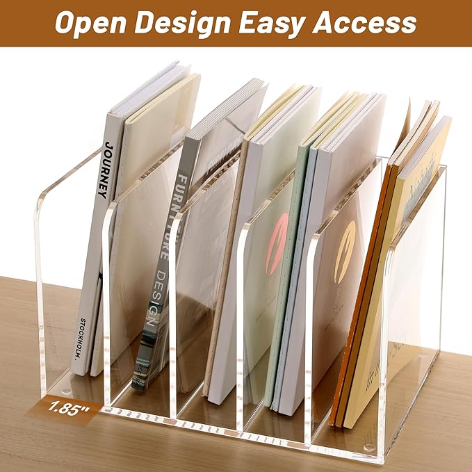 SANRUI Acrylic File Organizer, Clear Magazine File Holder Desk Organizer for Office Organization and Storage with 5 Vertical Compartments, Desktop Bookshelf for Home Office Organization