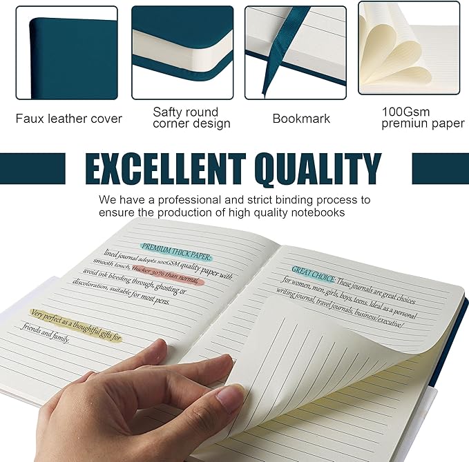 EMOMAS Lined Journal Notebook – Hardcover Notebook for Men & Women – Journals for Writing, Work, School, Home & Daily Notes, 160 Pages – Medium A5, 5.7"x8", 100 gsm Thick Paper (Turquoise)