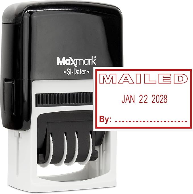 MaxMark Office Self Inking Date Stamp with Phrase Mailed - Red Ink