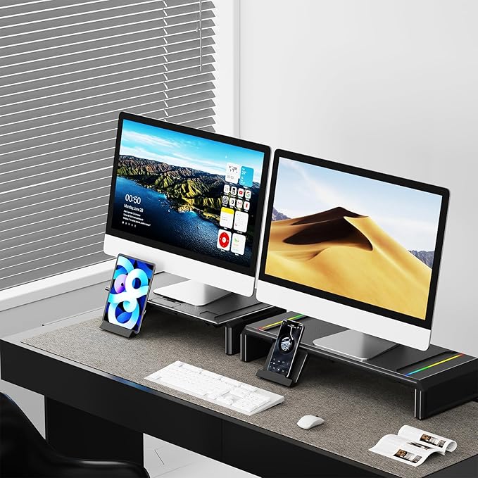 Heymaster Dual Monitor Stand for Desk, Gaming Monitor Riser with RGB Light, Foldable Computer Monitor Stand Riser, Desk Organizers and Accessories for Desktop, Printer (Black)