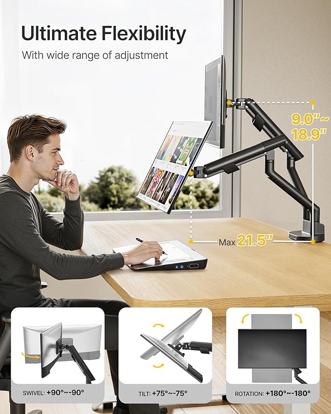 monTEK Dual Monitor Stand Mount with USB for Up to 35" Screens, Each Arm Holds Max 24.25lbs, Full Motion Adjustable Monitor Arm Desk Mount with C-Clamp/Grommet MA1010UCBK-D