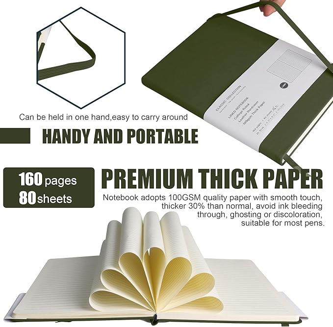 EMOMAS Lined Journal Notebook, 10Pack Hardcover Notebook for Men & Women – Journals for Writing, Work, School, Home & Daily Notes, 160 Pages – Medium A5, 5.7"x8", 100 gsm Thick Paper (Olive Green)