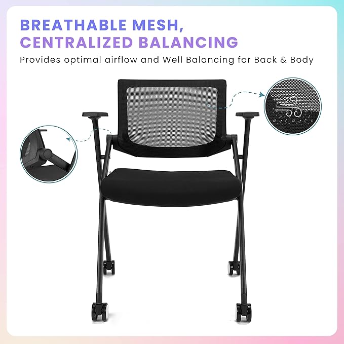 BROBRIYO, 4 Pack Stackable Conference Room Chairs with Wheels and Paddle, Ergonomic Mesh Back and Arms for Meeting, Conference, Reception, Training Room & Home Office Desk Folding Chairs (2 Boxes)