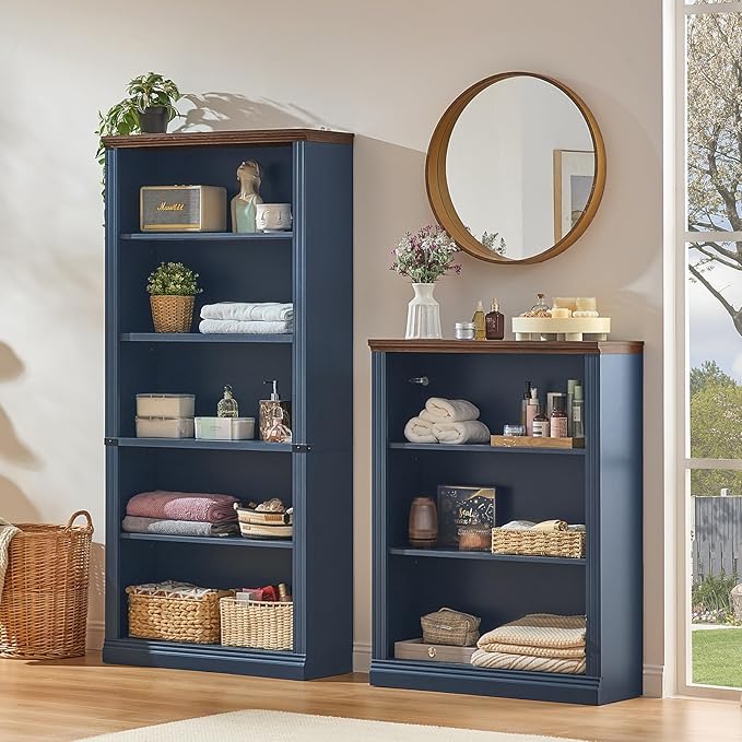 RWYHG 43" Blue Tall Bookshelf Set of 3,3-Tier Thick Wooden Book Shelf with Adjustable Shelves,Free Standing Farmhouse Bookcase with Open Display Storage,Floor Vintage Bookshelves for Living Room ﻿
