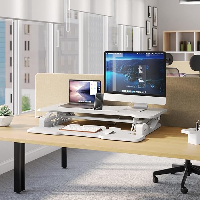 Mount-It! Standing Desk Converter White 38” Wide Height Adjustable Stand Up Desk Riser, Desk Topper with Gas Spring, Desktop Standing Desk with Keyboard Tray Fits Two Monitors