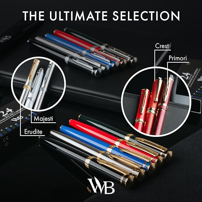 Wordsworth & Black Fountain Pen Set, Medium Nib, Includes 24 Pack Ink Cartridges, Ink Refill Converter & Gift Pouch, Chrome Finish, Calligraphy, [Silver Chrome], Perfect for Men & Women