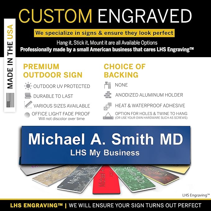 Personalized Name Plate with Choice of Mounting Holders for Walls, Doors, Cubicles, Hanging and More - Custom Blue Plastic White Letters - USA Made 2x12 - B9
