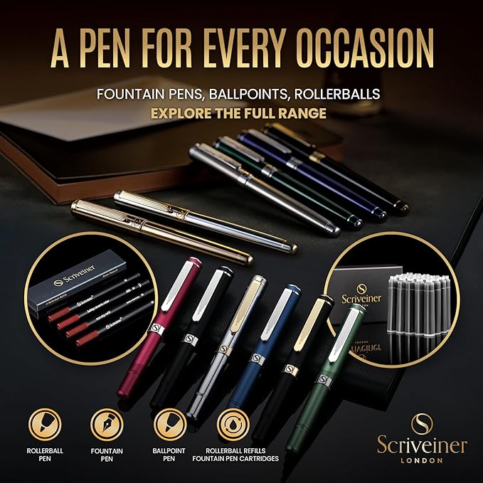 Scriveiner Silver Chrome Fountain Pen (Medium), Award Winning Luxury Pen, Heavy Pocket Pen, Chrome Finish, Schmidt Nib, Converter, Best EDC Writing Pen Gift Set for Men & Women, Nice Office Fancy Pen