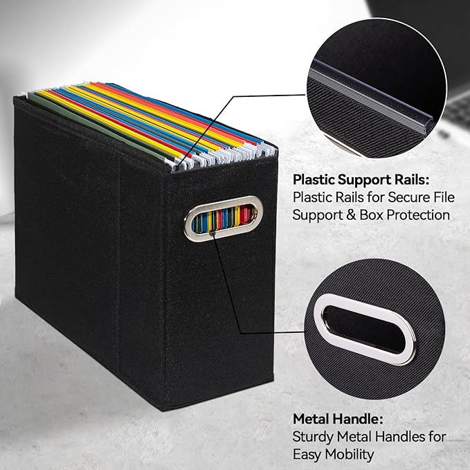 ComfortKeeper 2 Packs Letter Size File Organizer, File Folders Organizer, Fabric Storage Box, Collapsible Paper Organizer with Metal Handle, Smooth PVC Rails, Only Box (Black)