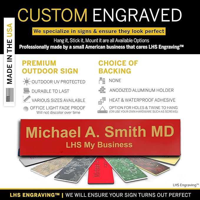 Personalized Name Plate with Choice of Mounting for Walls, Doors, Desk Holders, Cubicles, Hanging and More - Custom Red Plastic Gold Letters - USA Made 2x8 - B17