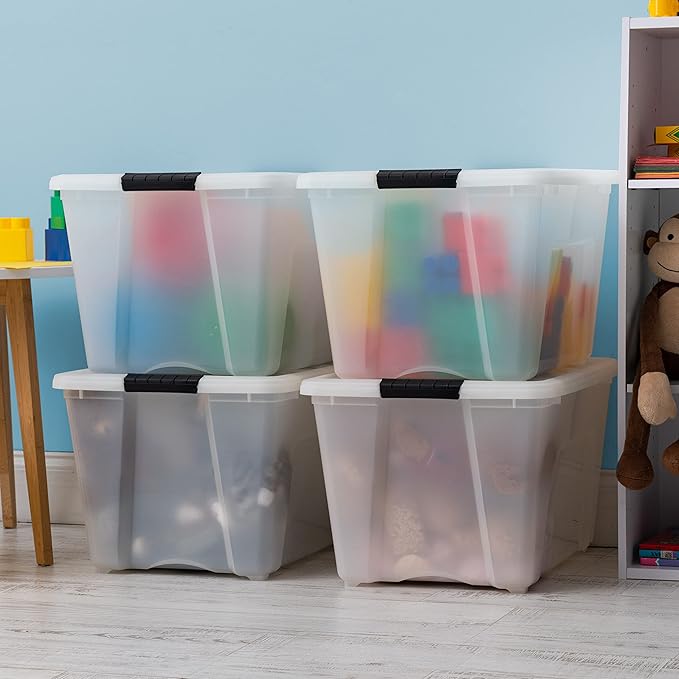 IRIS USA 54 QT Plastic Storage Box with Lid and Latches - 4 Pack - BPA-Free, Discreet Organizing Solution, Durable Nestable Stackable Containers, Secure Pull Handle - Pearl