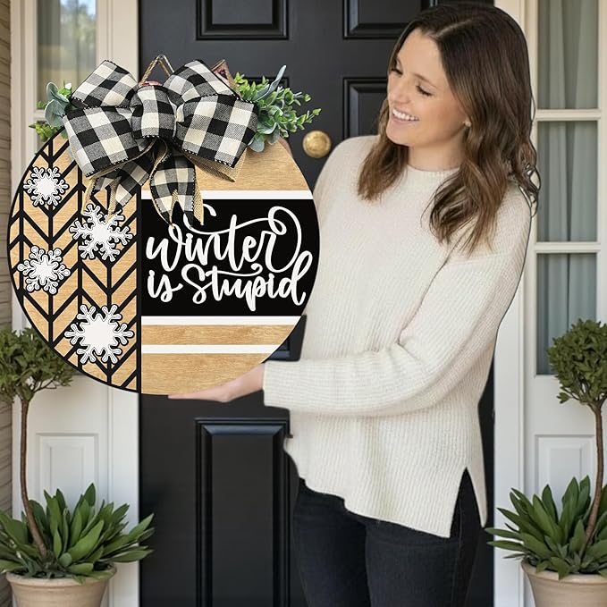 Wood front door sign Wood sign Home decor Welcome sign Sign for front door House warming gift Wedding gift (Winter is stupid1.0(UV091(A16) S001, 22" Width)
