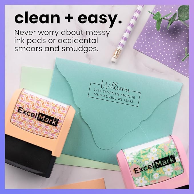 ExcelMark Address Stamp - Custom Return Address Stamp with Elegant Designs, Vibrant Colors & Patterns – Perfect for Mail, Invitations & Gifts (Pink Mount, Signature Frame)